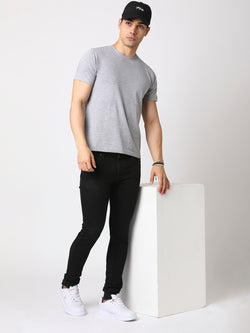 Grey Melange Solid Round Neck Men T-shirt