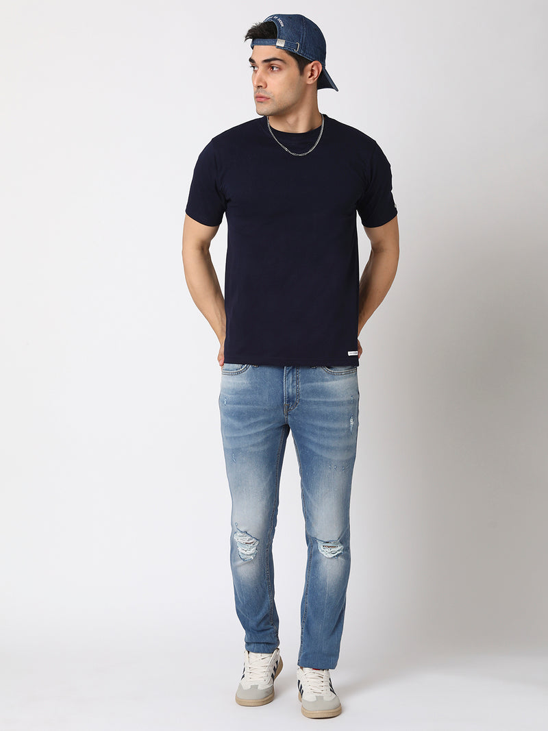 Navy Solid Round Neck  Men T-shirt