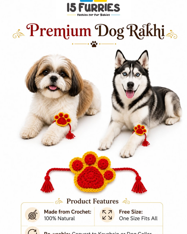 Red & Yellow Paw Crochet Rakhi for Pets