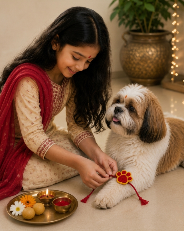 Red & Yellow Paw Crochet Rakhi for Pets