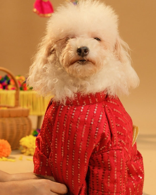 FURWALI FESTIVE DOG KURTA WITH DUPATTA- ROYAL RED