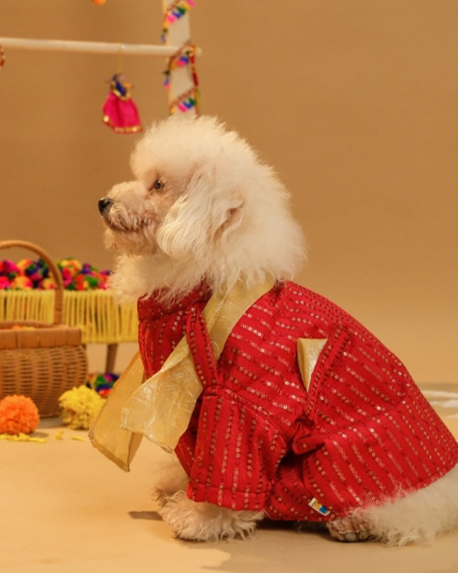 FURWALI FESTIVE DOG KURTA WITH DUPATTA- ROYAL RED