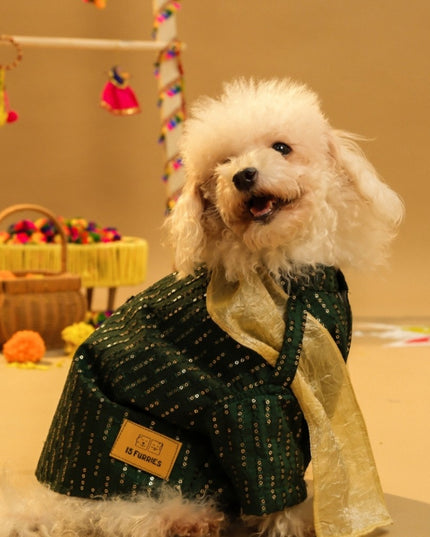 FURWALI FESTIVE DOG KURTA WITH DUPATTA- BOTTLE GREEN