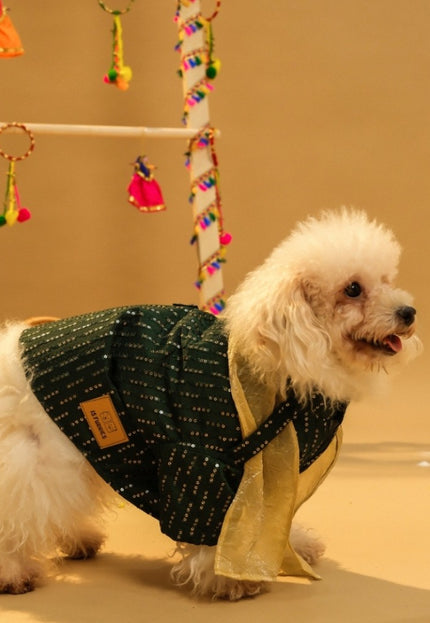 FURWALI FESTIVE DOG KURTA WITH DUPATTA- BOTTLE GREEN