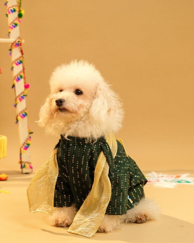 FURWALI FESTIVE DOG KURTA WITH DUPATTA- BOTTLE GREEN