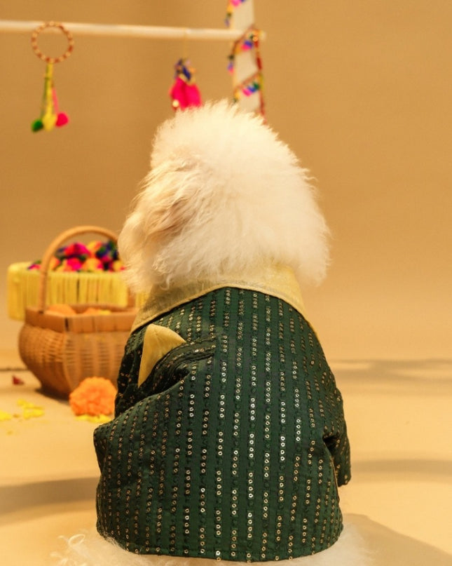 FURWALI FESTIVE DOG KURTA WITH DUPATTA- BOTTLE GREEN