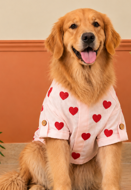LINEN HEART EMBROIDERY DOG KURTA- BABY PINK