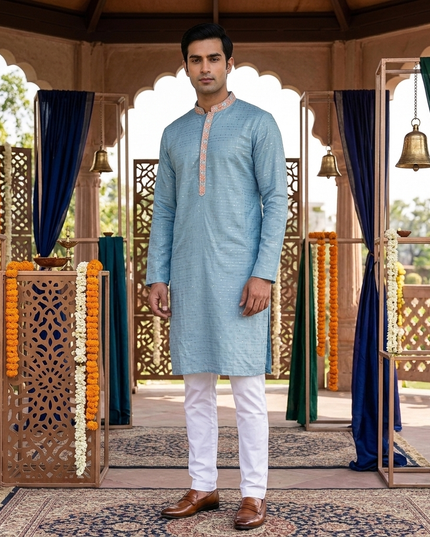 Aqua Blue Sparkle Men Kurta