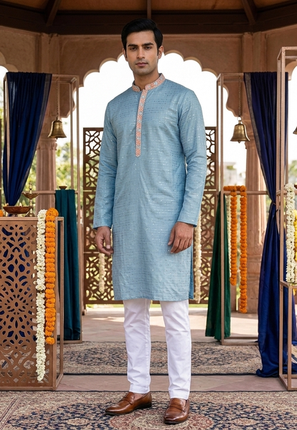 Aqua Blue Sparkle Men Kurta