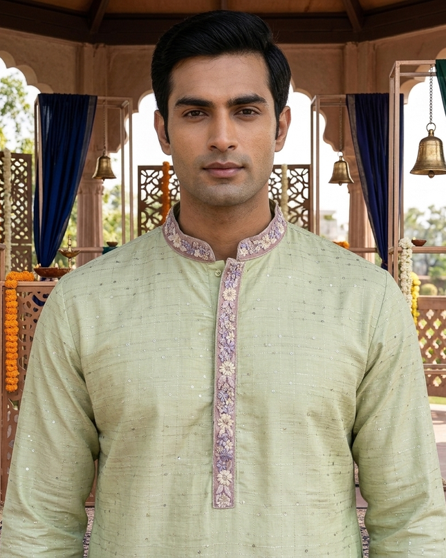 Pistachio Sparkle Festive Men Kurta