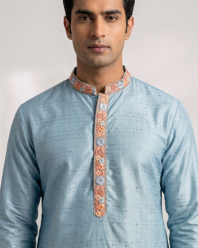 Aqua Blue Sparkle Men Kurta