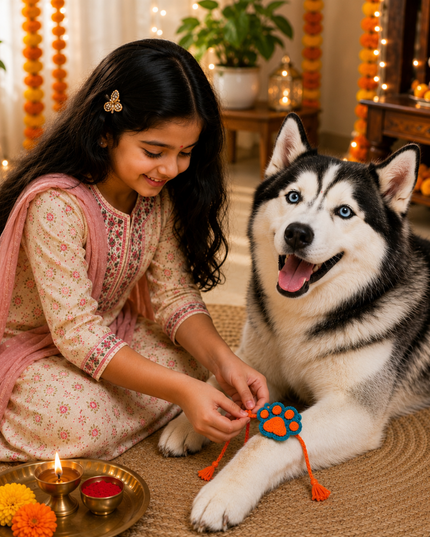 Orange & Blue Paw Crochet Rakhi for Pets