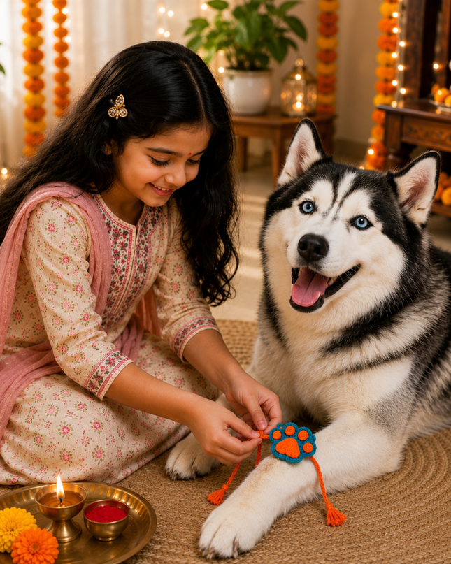 Orange & Blue Paw Crochet Rakhi for Pets