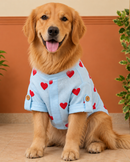 LINEN HEART EMBROIDERY DOG KURTA- BABY BLUE