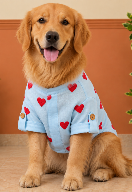 LINEN HEART EMBROIDERY DOG KURTA- BABY BLUE